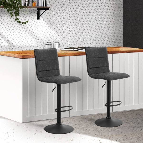 Set of 2 Bar Stools PU Leather Smooth Line Style – Grey and Black