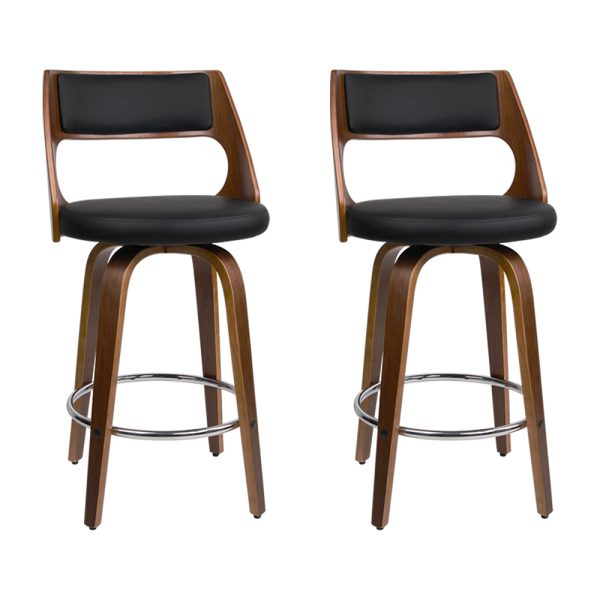 Set of 2 Wooden Bar Stools PU Leather – Black and Wood