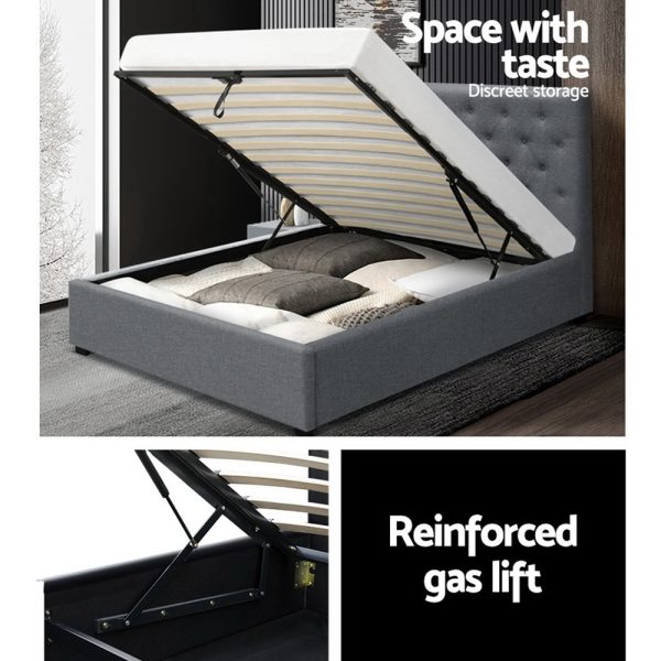 Artiss Vila Bed Frame Fabric Gas Lift Storage – Grey King Single