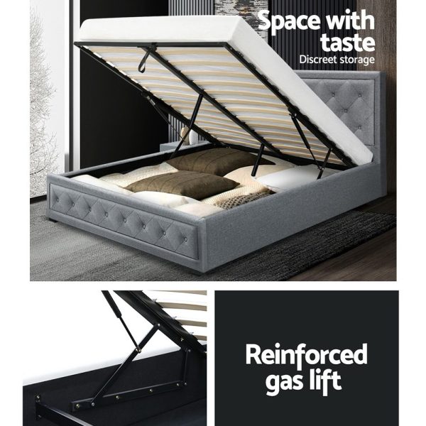 Artiss Tiyo Bed Frame Fabric Gas Lift Storage – Grey Queen