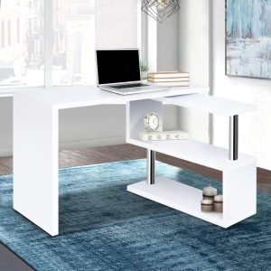 Rotary Corner Desk with Bookshelf – White