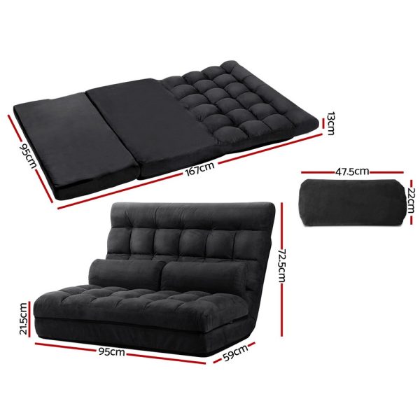 Lounge Sofa Bed 2-seater Floor Folding Suede Charcoal