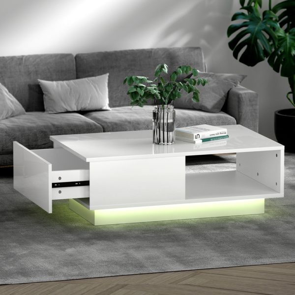 Coffee Table LED Lights High Gloss Storage Drawer Modern Furniture