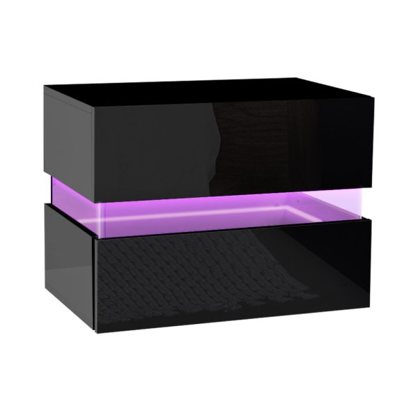 Bexley Bedside Table 2 Drawers RGB LED Side Nightstand High Gloss Cabinet Black
