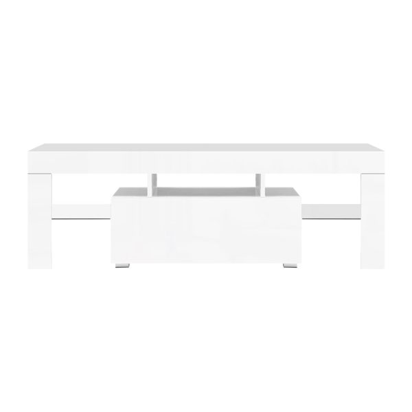 130cm RGB LED TV Stand Cabinet Entertainment Unit Gloss Furniture Drawer Tempered Glass Shelf White