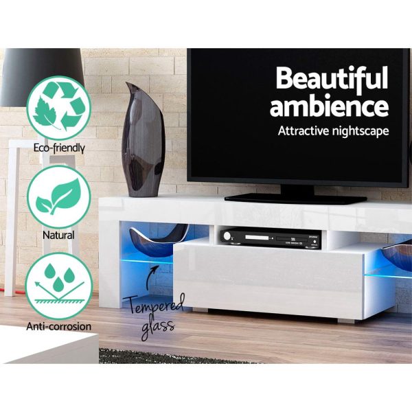 130cm RGB LED TV Stand Cabinet Entertainment Unit Gloss Furniture Drawer Tempered Glass Shelf White