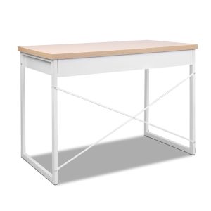 Metal Desk with Drawer – White with Wooden Top