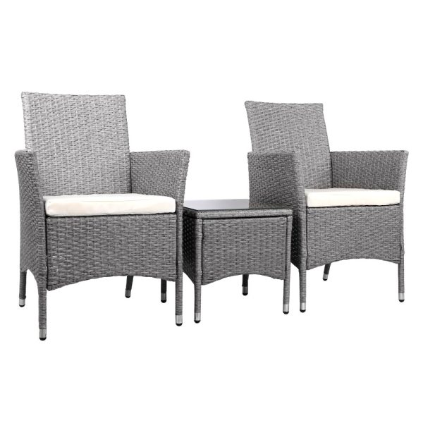 3 Piece Wicker Outdoor Chair Side Table Furniture Set – Grey