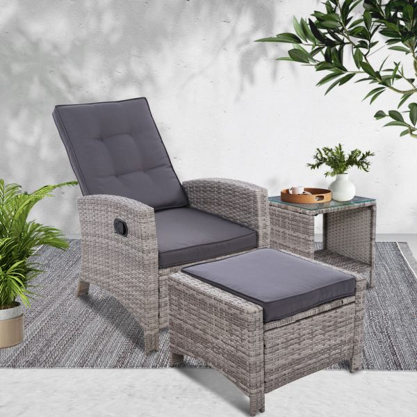 Outdoor Setting Recliner Chair Table Set Wicker lounge Patio Furniture Grey