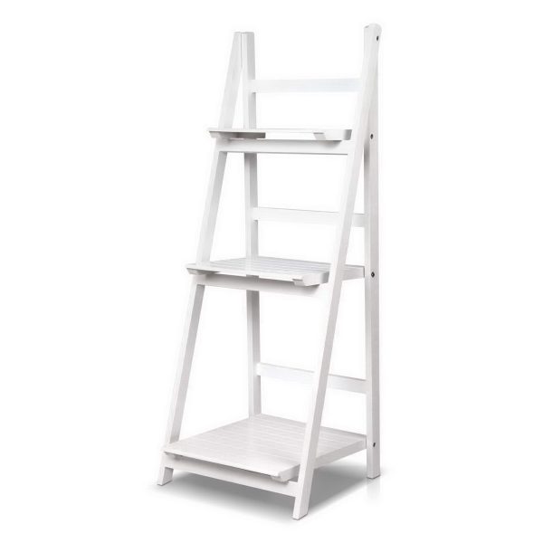 Display Shelf 3 Tier Wooden Ladder Stand Storage Book Shelves Rack White