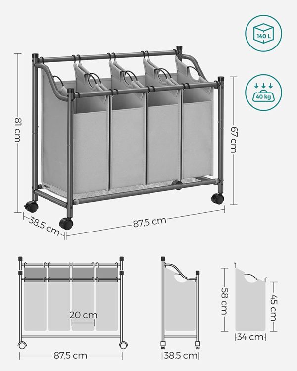 SONGMICS Laundry Basket with 4 Removable Laundry Bin on Wheels Gray LSF005GS