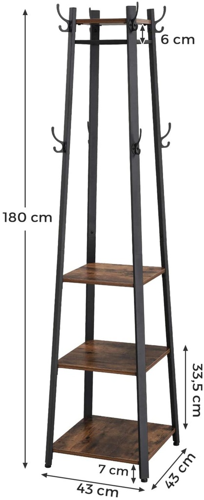 VASAGLE Coat Rack Stand with 3 Shelves Rustic Brown and Black LCR80X