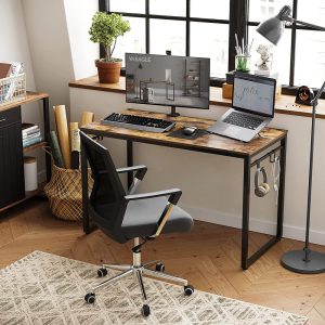 VASAGLE Computer Desk Writing Desk with 8 Hooks Rustic Brown and Black LWD58X