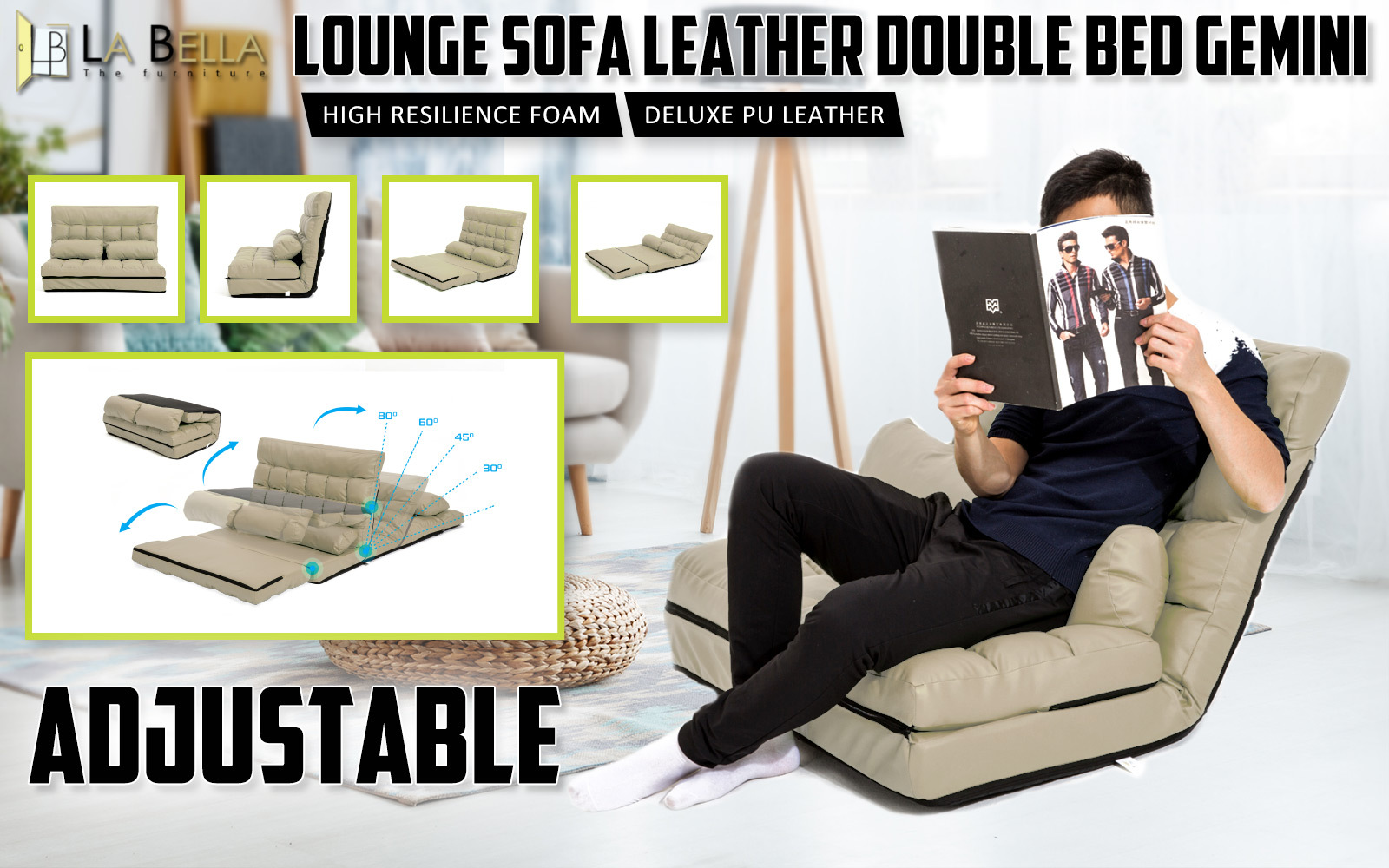 La Bella Double Seat Couch Bed Beige Sofa Gemini Leather