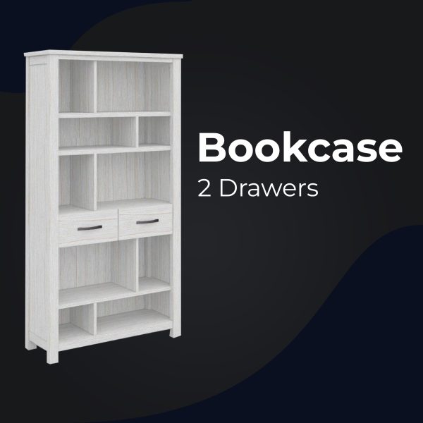 Bookshelf Bookcase 5 Tier 2 Drawers Solid Mt Ash Timber Wood – White
