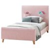 Phlox Kids King Single Bed Fabric Upholstered Children Kid Timber Frame – Pink
