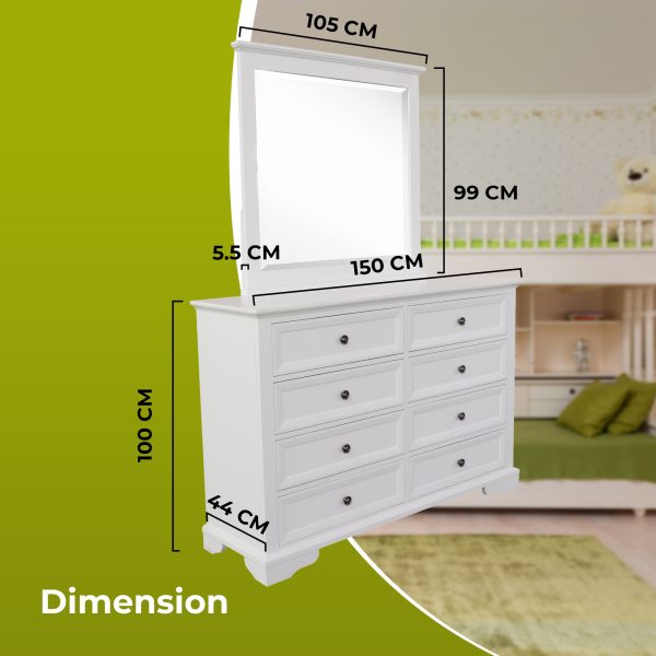 Celosia Dresser Mirror 8 Chest of Drawers Bedroom Timber Storage Cabinet – White