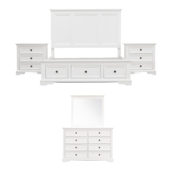 5pc Queen Bed Frame Bedroom Suite Bedside Dresser Mirror Package – White