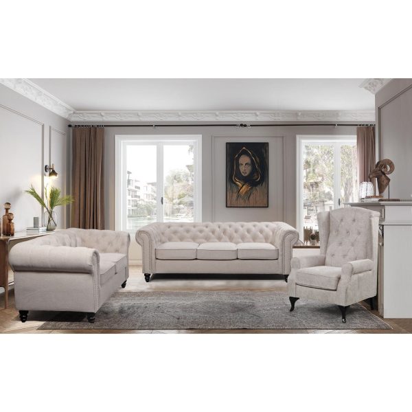 Bridgewater 3 Seater Sofa Fabric Uplholstered Chesterfield Lounge Couch – Beige