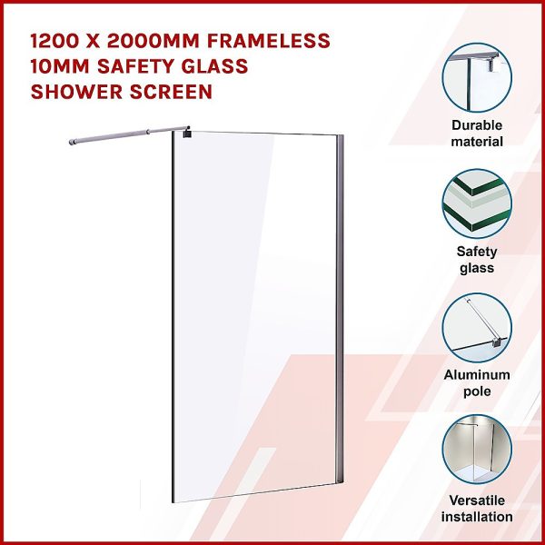 1200 x 2000mm Frameless 10mm Safety Glass Shower Screen