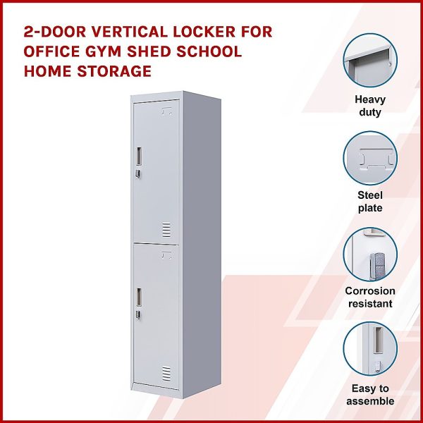 Padlock-operated lock 2-Door Vertical Locker for Office Gym Shed School Home Storage Grey
