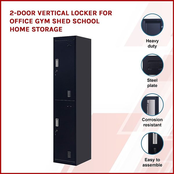 Standard Lock 2-Door Vertical Locker for Office Gym Shed School Home Storage Black