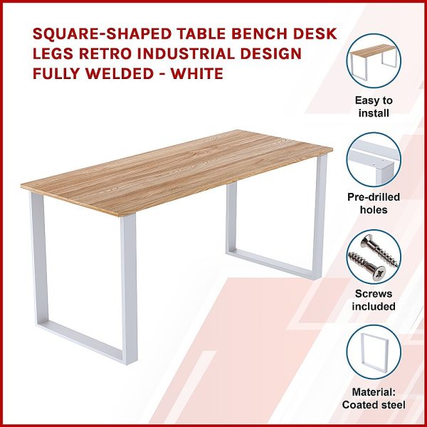 Square Shaped Table Bench Desk Legs Retro Industrial Design Fully Welded – White