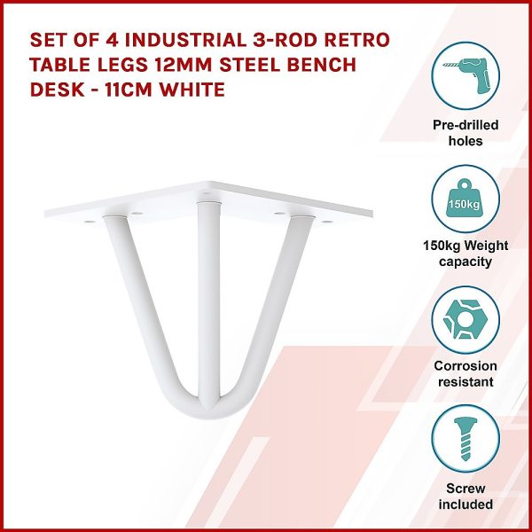Set of 4 Industrial 3-Rod Retro Table Legs 12mm Steel Bench Desk – 11cm White