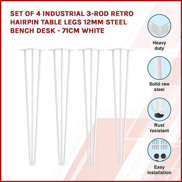Set of 4 Industrial 3-Rod Retro Hairpin Table Legs 12mm Steel Bench Desk – 71cm White