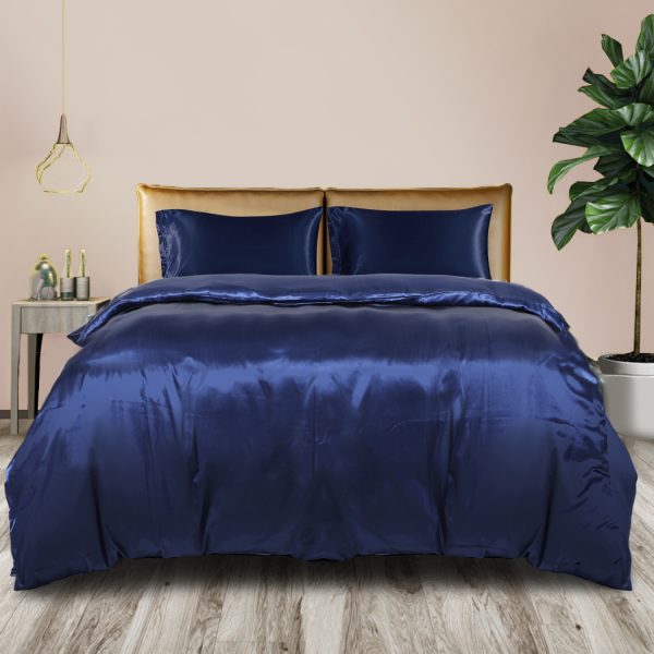 Silky Satin Quilt Cover Set Bedspread Pillowcases Summer King Blue