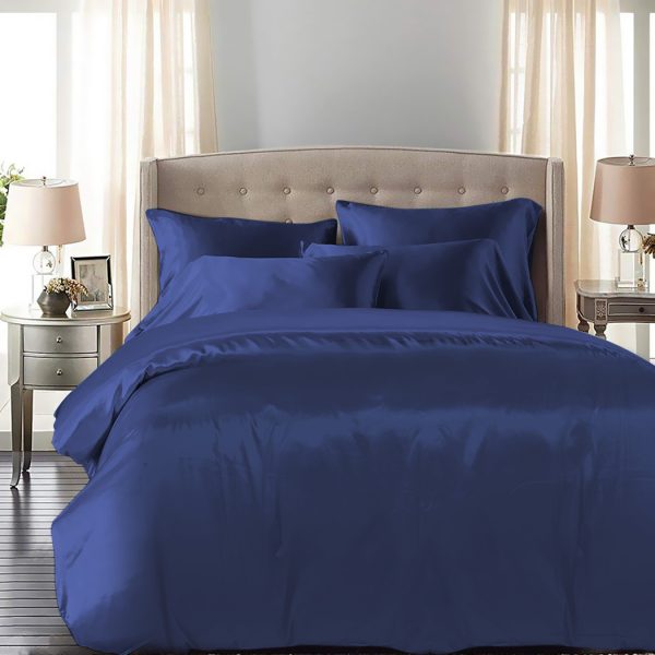 Silky Satin Quilt Cover Set Bedspread Pillowcases Summer King Blue