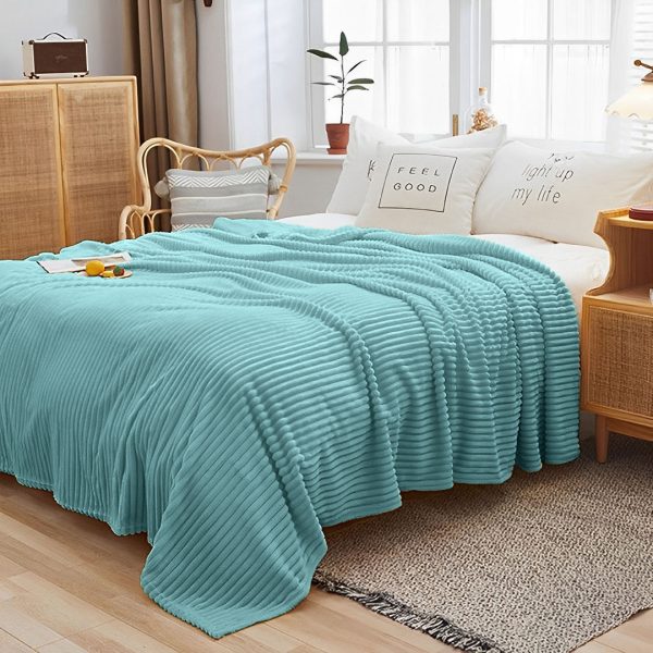 Sky Blue Throw Blanket Warm Cozy Striped Pattern Thin Flannel Coverlet Fleece Bed Sofa Comforter