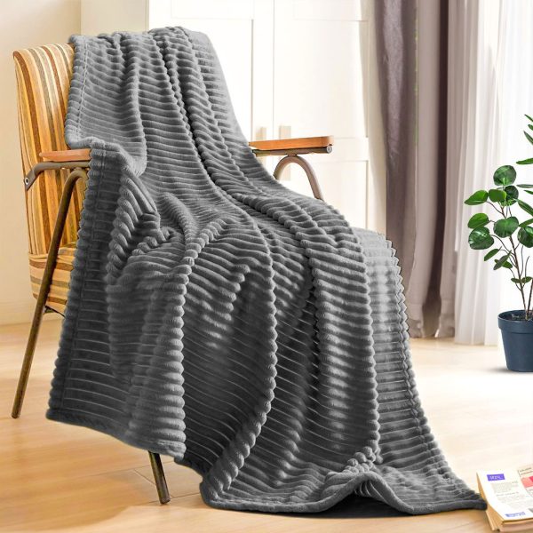 2X GreyThrow Blanket Warm Cozy Striped Pattern Thin Flannel Coverlet Fleece Bed Sofa Comforter