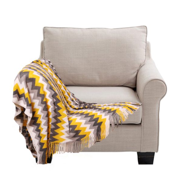 170cm Yellow Zigzag Striped Throw Blanket Acrylic Wave Knitted Fringed Woven Cover Couch Bed Sofa Home Decor