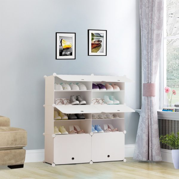 5 Tier 2 Column White Shoe Rack Organizer Sneaker Footwear Storage Stackable Stand Cabinet Portable Wardrobe with Cover