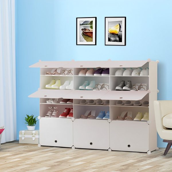 5 Tier 3 Column White Shoe Rack Organizer Sneaker Footwear Storage Stackable Stand Cabinet Portable Wardrobe with Cover