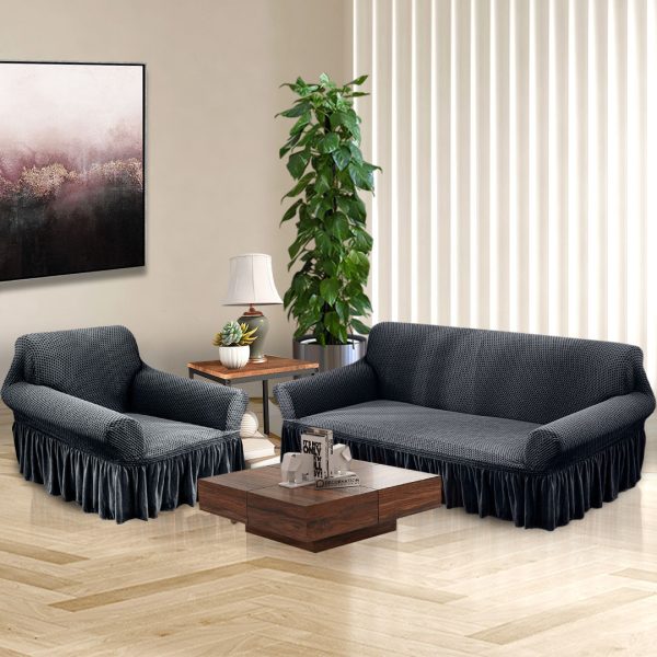 1-Seater Dark Grey Sofa Cover with Ruffled Skirt Couch Protector High Stretch Lounge Slipcover Home Decor