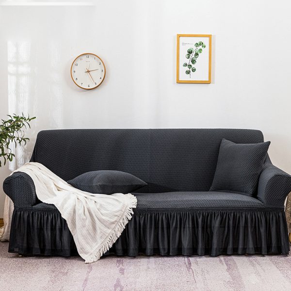 4-Seater Dark Grey Sofa Cover with Ruffled Skirt Couch Protector High Stretch Lounge Slipcover Home Decor