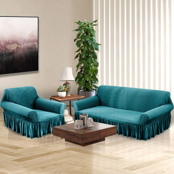 1-Seater Blue Sofa Cover with Ruffled Skirt Couch Protector High Stretch Lounge Slipcover Home Decor
