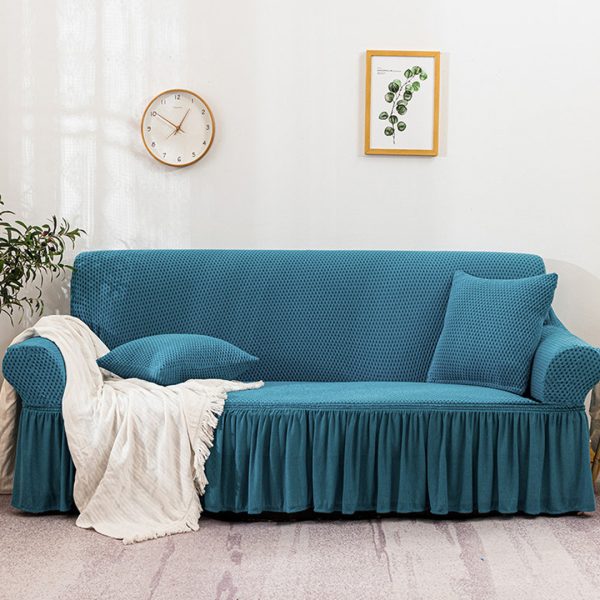 3-Seater Blue Sofa Cover with Ruffled Skirt Couch Protector High Stretch Lounge Slipcover Home Decor