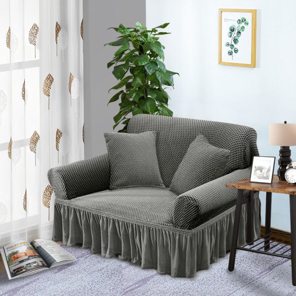2-Seater Grey Sofa Cover with Ruffled Skirt Couch Protector High Stretch Lounge Slipcover Home Decor