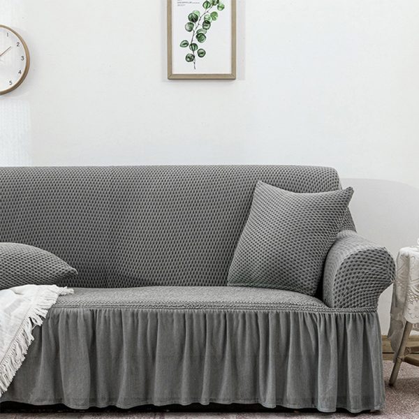 3-Seater Grey Sofa Cover with Ruffled Skirt Couch Protector High Stretch Lounge Slipcover Home Decor