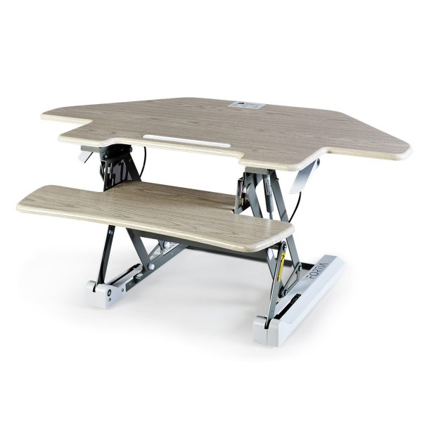 Corner Desk Riser 110cm Wide Adjustable Sit to Stand for Dual Monitor, Keyboard, Laptop, Beech