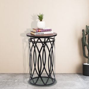 Elon Black Round Iron Side Table with Cross Legs and Copper Finish Top