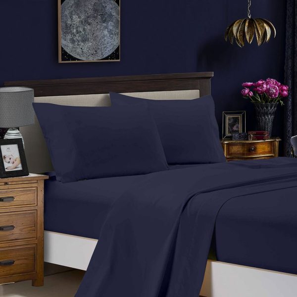 1000TC Ultra Soft Double Size Bed Midnight Blue Flat & Fitted Sheet Set