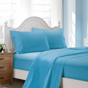 1000TC Ultra Soft Queen Size Bed Light Blue Flat & Fitted Sheet Set