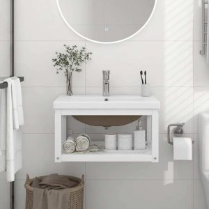 Bathroom Washbasin Frame with Built-in Basin White Iron