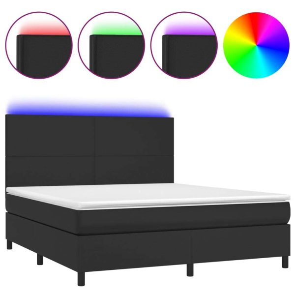 Box Spring Bed with Mattress&LED Black Faux Leather