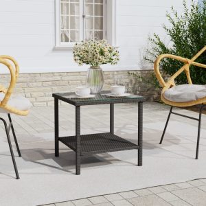 Side Table Black 45x45x45 cm Poly Rattan and Tempered Glass