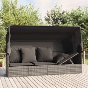 Outdoor Lounge Bed with Roof and Cushions Grey Poly Rattan